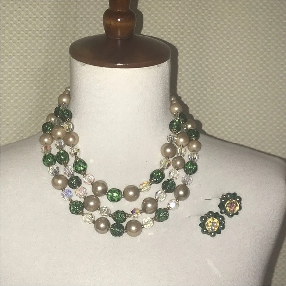 Lisner Vintage Necklace Clip Earring Set Costume  Aurora Borealis Crystal Pearl - Picture 4 of 10